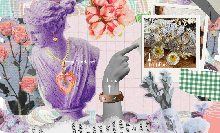 Collage mostrando un collar, una pulsera y un par de aros con flores naturales