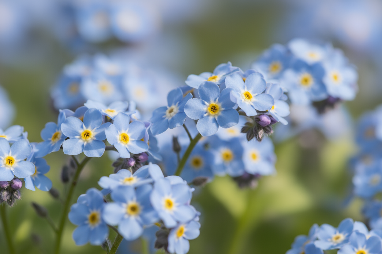 close up de pequeñas flores no me olvides